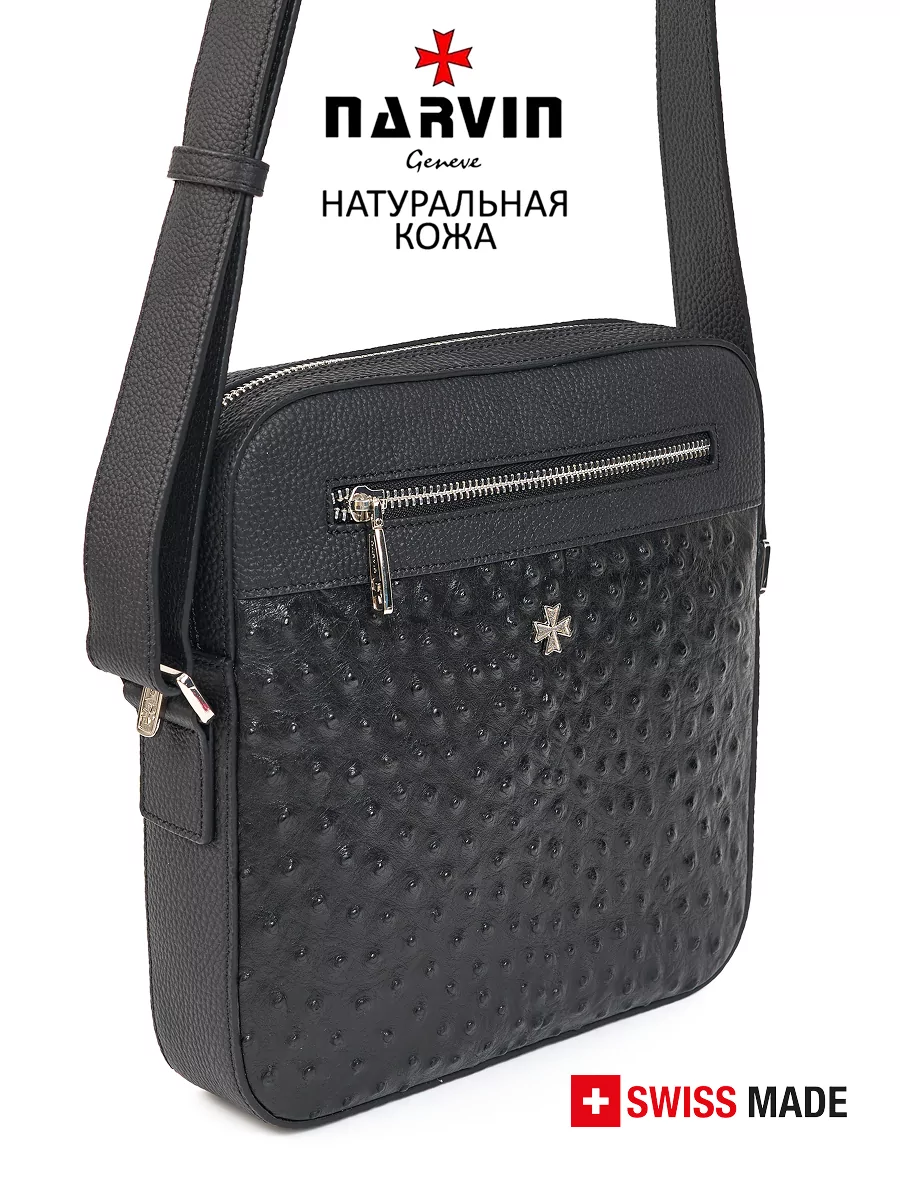 Сумка мужская NARVIN 9483-Ostrich Black натуральная кожа