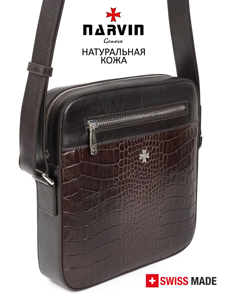 Сумка мужская NARVIN 9483-Croco Brown натуральная кожа