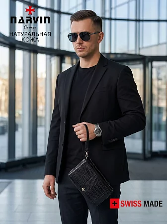 Клатч мужской NARVIN 9432-Croco Black натуральная кожа