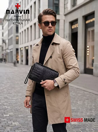 Клатч мужской NARVIN 9432-Croco Black натуральная кожа