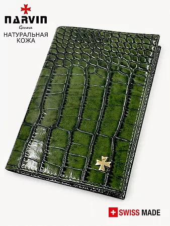 Обложка для паспорта 9158-Croco Green натуральная кожа Narvin